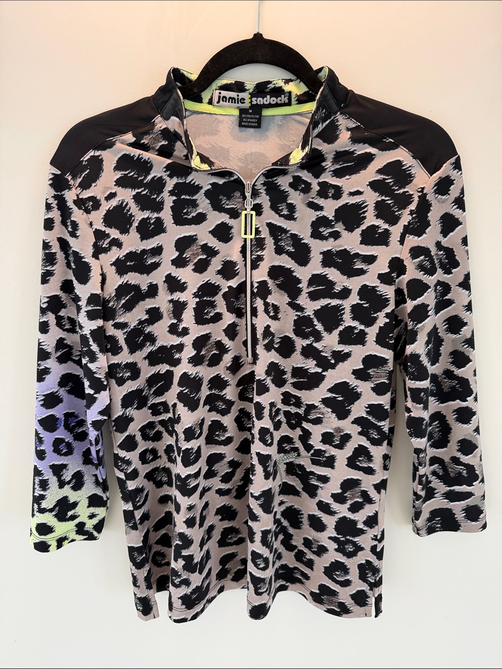 jamie sadock Black & Beige Leopard Zip-Front Golf Pullover with Neon Trim